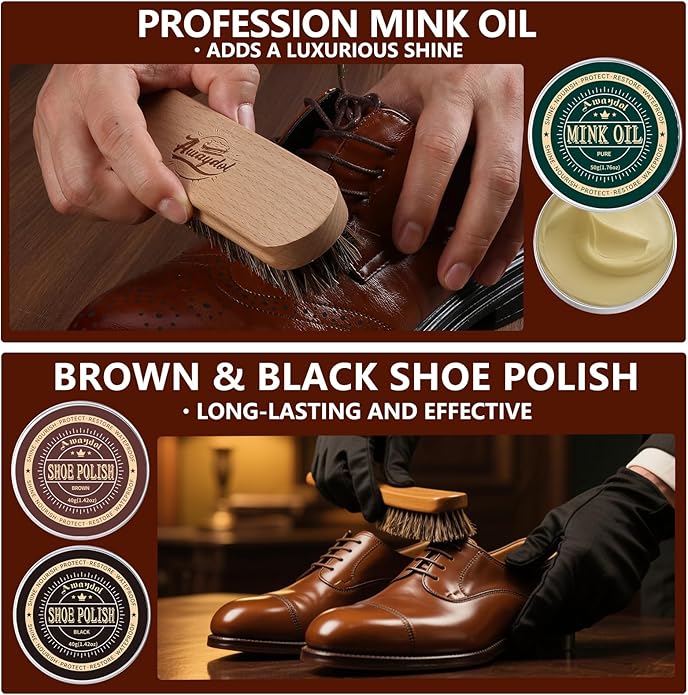 12 PCS Shoe Polish Kit - Horsehair Brushes, Black Brown Neutral Polish,Mink Oil Conditioner for Shoes,Polishing Cloth, Leather Boots Shine Care Kit ﻿Gift for Men Cowboy Husband Dad