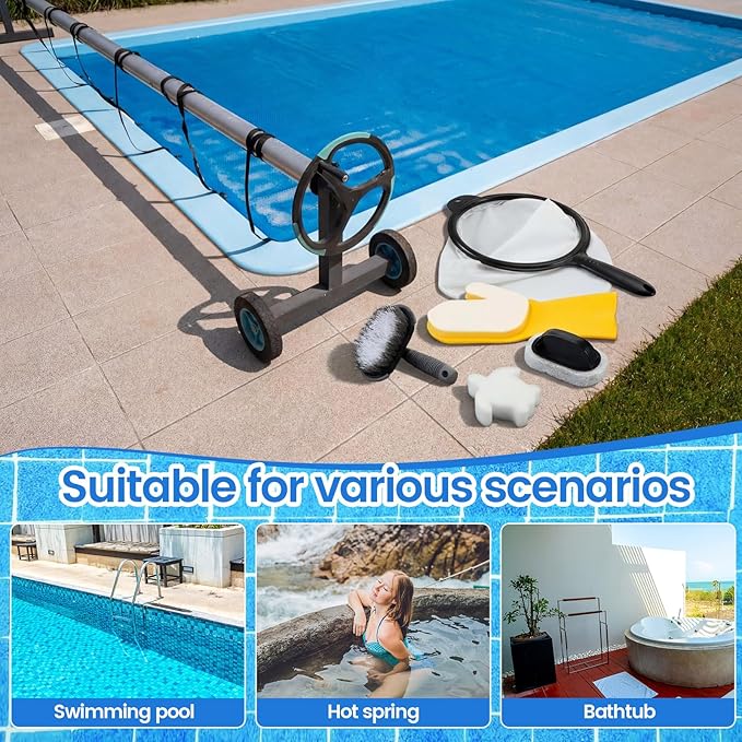 Novabright 5-in-1 Hot Tub and Spa Maintenance Cleaning Accessory Kit with Curved Brush, Mesh Net Skimmer, Scrubber, Gloves, and Sponge for Inflatable Home Hot Tubs Pools Ponds