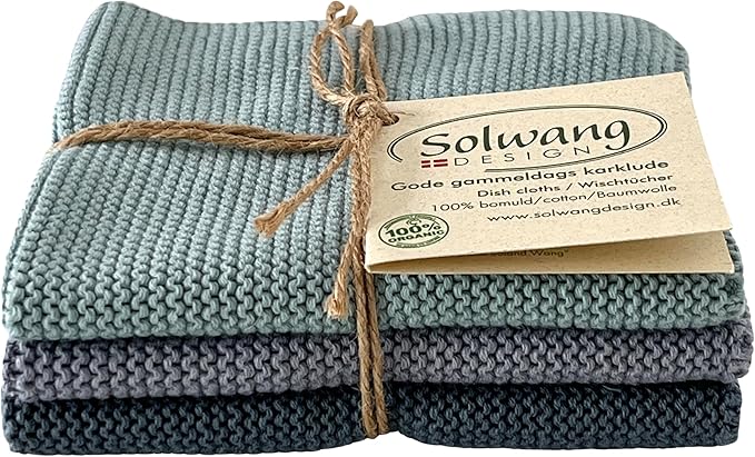 Solwang 3-Piece Danish Cotton Dishcloths in 100% Certified Organic Cotton Made in India (Nordic Mist Organic Combi)