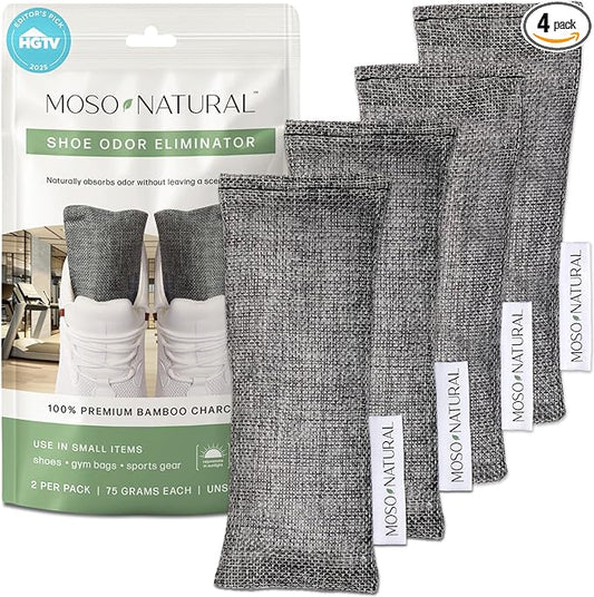 Moso Natural Shoe Deodorizer Inserts, Charcoal Odor Absorber for Shoes, Gym Bag & Boot Deodorizer, Long-Lasting Shoe Odor Elimination, Unscented Air Purifying Bags (Two Per Pack. 4 Total)