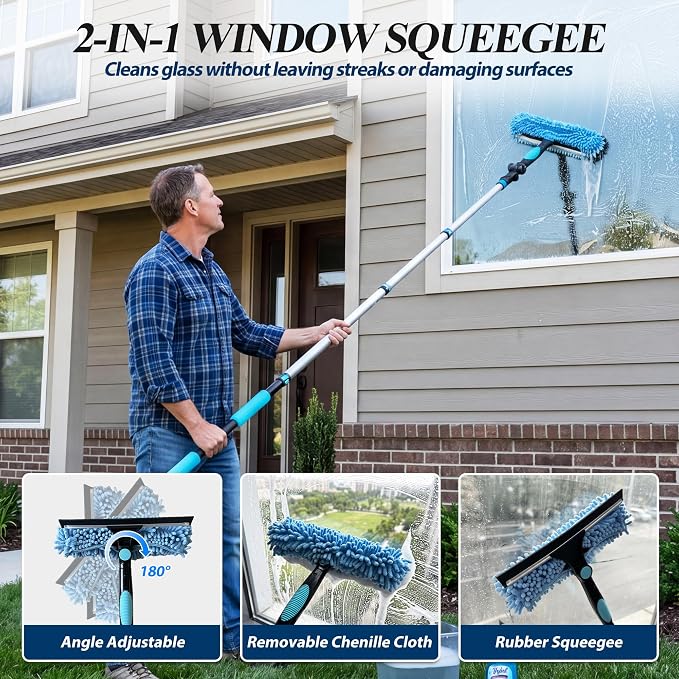 COVERONICS 25FT High Duster Cleaning Tools with 5-20FT Extension Poles - Reusable Fan Duster Cleaning Kits with Ceiling Fan Cleaner Duster, Window Squeegee, Microfiber Feather Duster & Cobweb Duster