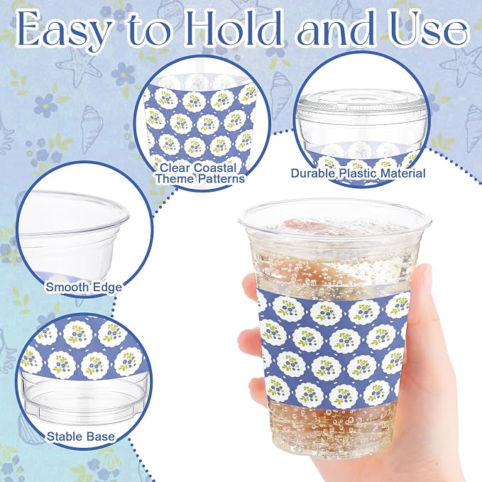 FoldTier 60 Pcs Coastal Cottage Blue Floral Cups with Lids and Straws, 12 oz Disposable Plastic Beach Party Cups for Ocean Summer Party Favor, Bridal Shower, Baby Shower, Bacheloretteparty Decoration