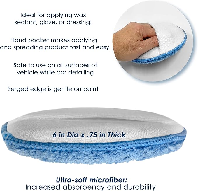 Detailer's Preference Microfiber Wax Applicator Pads with Sewn-in Pocket, Terry Weave, Reusable, Non-Abrasive, for Wax, Sealant, Polish, 6 Inch, Light Blue and White, 25-Pack