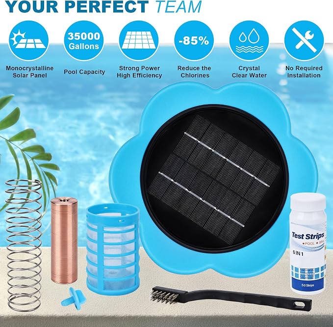 Toodour Solar Pool Ionizer - Upgraded Floating Solar Pool Ionizer for Above Ground Pool Cleaner, Up to 45,000 Gallons Durable Pool Cleaning Equipment Easy Pool Maintenance for Swimming Pools