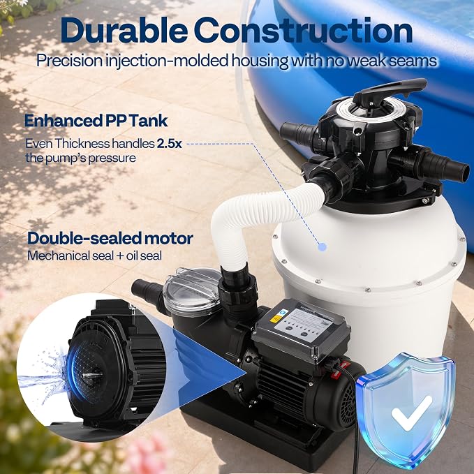 VIVOHOME 13 in Sand Filter Pump for Above Ground Pool, 0.75 HP 3618 GPH, Swimming Pool Filter System with 24H Timer & 6-Way Valve, High-Efficiency Filtration for Pools Up to 15,000 Gallons