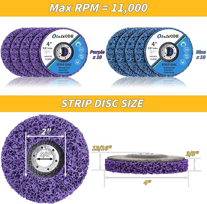 20 Pcs 4" x 5/8" Strip Discs Bulk, Paint Stripping and Rust Removal Wheels for Angle Grinders, Abrasive Grinding Discs for Metal, Wood, and Fiberglass, Blue+ Purple