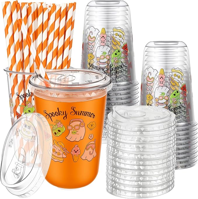 Rtteri 50 Sets Spooky Summer Plastic Cups with Lids and Straws 16 oz Disposable Clear Ghost Themed Cups Bulk for Iced Coffee Juice, Summer Halloween Birthday Party Decorations