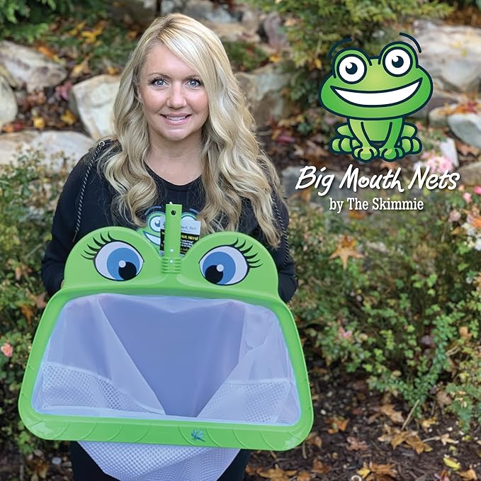The Skimmie Ms. Frog Large Leaf Rake - 20" Wide Big Mouth Pool Leaf Skimmer Net for Deep Cleaning of Debris in Above Ground and In Ground Swimming Pools, Spa Hot Tubs, and Ponds