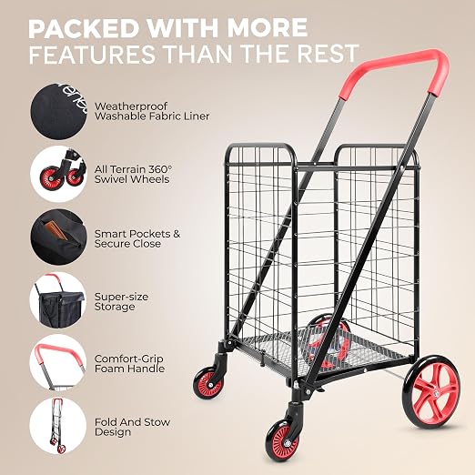 SereneLife Small Compact Folding Shopping Cart with Removable Waterproof Liner – 360° Swivel Wheels, Rust‑Proof Steel Frame, 70 lb Capacity – Portable Grocery, Laundry & Travel Cart (Red)