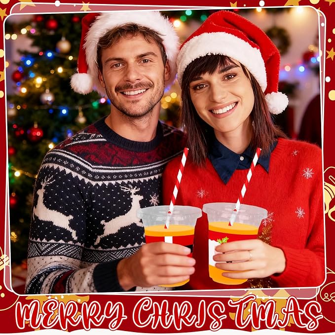 FYSUIMU 50Pcs 12Oz Christmas Disposable Plastic Cups with Lids and Straws Santa Claus Belt Cold Beverage Drinking Cup for Winter Holiday Xmas Party Favor Supplies
