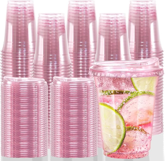 12oz Disposable Stemless Glasses With Strawless Sip Lids,PET Solo Disposable Cups ,Party Clear Plastic Wine Glasses for Parties Birthday,Wedding,Meeting,Christmas Party Supplies. (100, Pink)