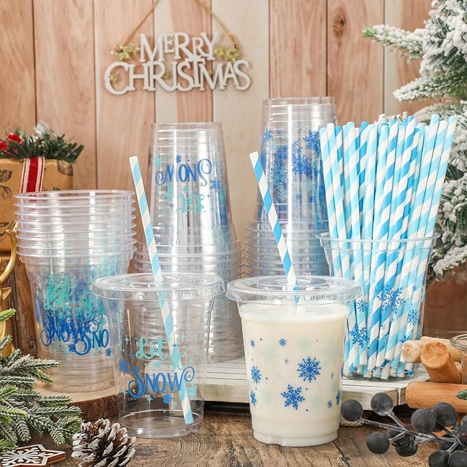 JarThenaAMCS 50Pcs Winter Christmas Plastic Cups with Lids & Straws Blue Snowflake 12Oz Disposable Clear Cold Beverage Ice Coffee Drinking Cups for Xmas Home Party Supplies