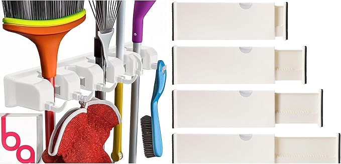Berry Ave Broom Holder White (1 Pack) and Drawer Dividers Organizer, 4" High, Expandable from 11"-17" (4-Pack)