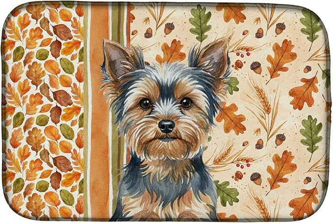 Caroline's Treasures Blue and Tan Yorkshire Terrier Heirloom Fall Dish Drying Mat Absorbent Dish Drying Mat Pad for Kitchen Counter Dish Drainer Mat for Countertop, 14 x 21", Multicolor