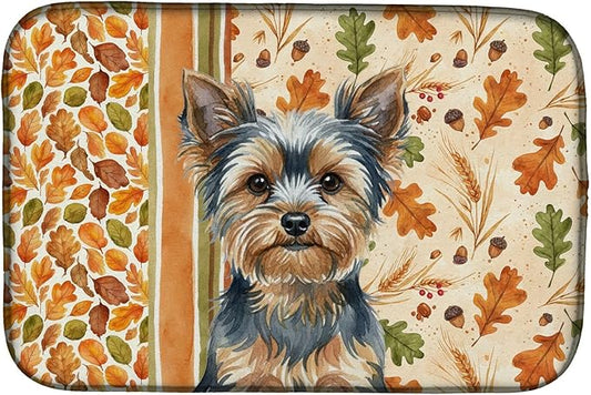Caroline's Treasures Blue and Tan Yorkshire Terrier Heirloom Fall Dish Drying Mat Absorbent Dish Drying Mat Pad for Kitchen Counter Dish Drainer Mat for Countertop, 14 x 21", Multicolor