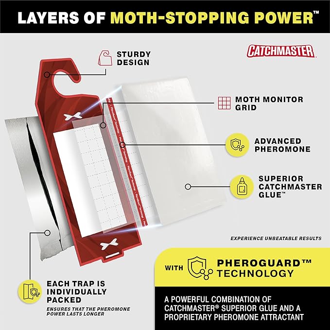 Catchmaster Premium Clothes & Pantry Moth Trap Bundle, Sticky Odorless Glue Traps, Pheromone Attractant, for Closets Wardrobes Cabinet Drawers,Food Storage & Cabinet, PheroGuard Technology (12-Traps)