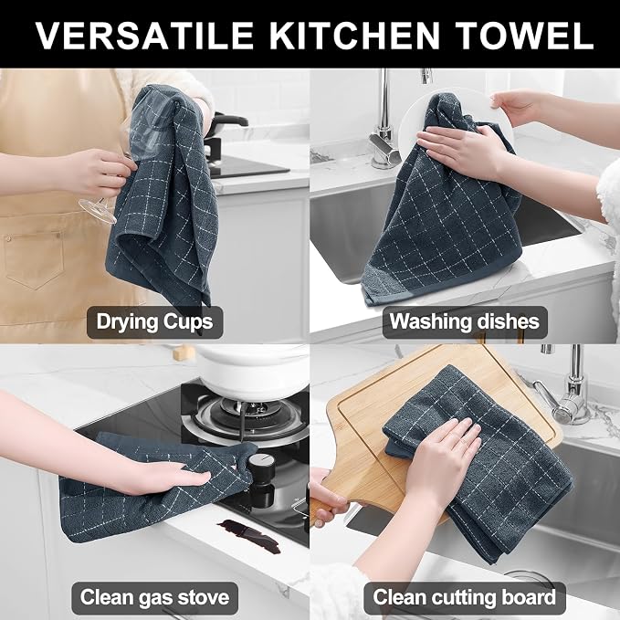 Homaxy Kitchen Towels and Dishcloths Set, 12 x 12 and 20 x 28 Inches, Set of 8 Bulk Cotton Terry Kitchen Towels Set, Checkered Designed, Soft and Super Absorbent Dish Towels, Dark Grey
