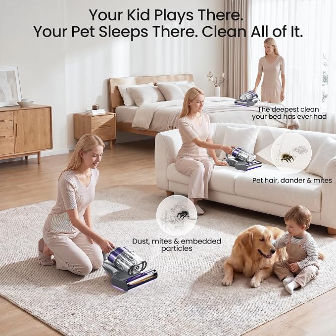 Bed Vacuum Cleaner, 20kPa Handheld Mattress Vacuum Cleaner with 253.7nm UV-C Light, Ultrasonic & 149°F Heating, Triple-Cup, Pet Hair Brush for Cleaning Bed, Sofa, Corded 650W