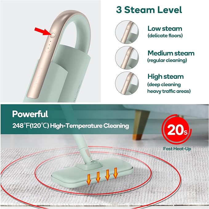 Newbealer Steam Mop & Detachable Handheld Cleaner, 1200W Floor Steamer | 3 Adjustable Levels for Carpet Laminate Hardwood Grout, Carpet Glider, 11 Multi-purpose Accessories & 2 Pads, 250ml Tank