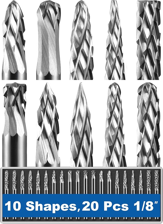 Sworker 20 Pcs Carbide Burr Set 1/8" Shank Compatible with Dremel Bits Rotary Tools Attachment Kit Rasp Drill File Accessories Metal Wood Stone Steel Grinding Carving Cutting Polishing Solid Tungsten