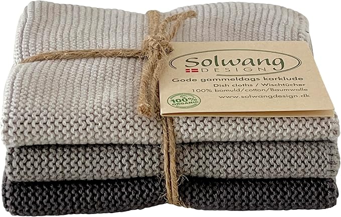 Solwang 3-Piece Danish Cotton Dishcloths in 100% Certified Organic Cotton Made in India (Steel Grey Organic Combi)