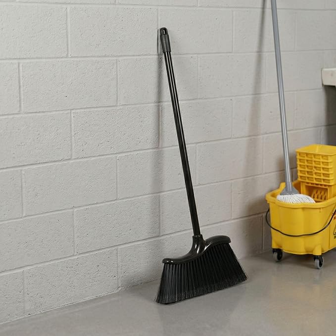 Restaurantware RW Clean 12 x 2 x 39 Inch Angle Broom 1 With Clip Back Sweeping Broom - Dustpan Sold Separately Flagged Bristles Black Plastic Restaurant Broom Lightweight Heavy-Duty