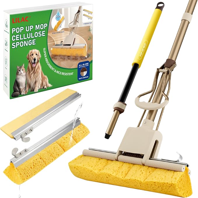 LILAC Cellulose Sponge with 2 Replacement Sponge Heads, 4-Color Handle Choices for Zoned Cleaning, Super Absorbent Pop Up Roller Mop Sponge for Hardwood,Laminate Floors (Yellow Hand)