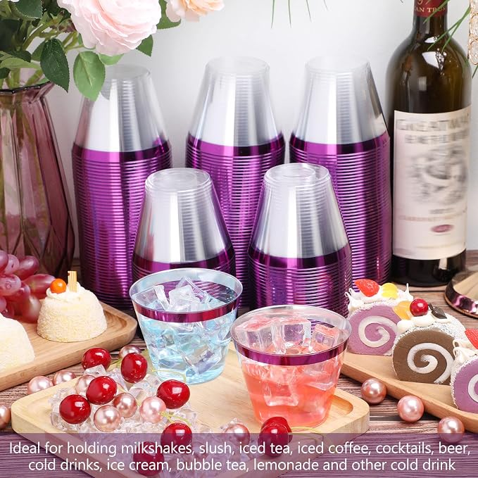 Lounsweer 100 Pcs 9oz Rimmed Plastic Cups Wedding Clear Cocktail Cups Heavy Duty Disposable Wine Glasses for Birthday Bridal Shower Baby Shower Holiday Celebrations(Purple)