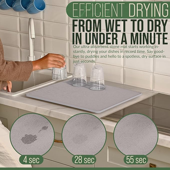 Large Stone Dish Drying Mat - Double-Sided Stone Drying Mat for Kitchen Counter - 3-Pcs Gift Set (Light Grey, 20" x 16")