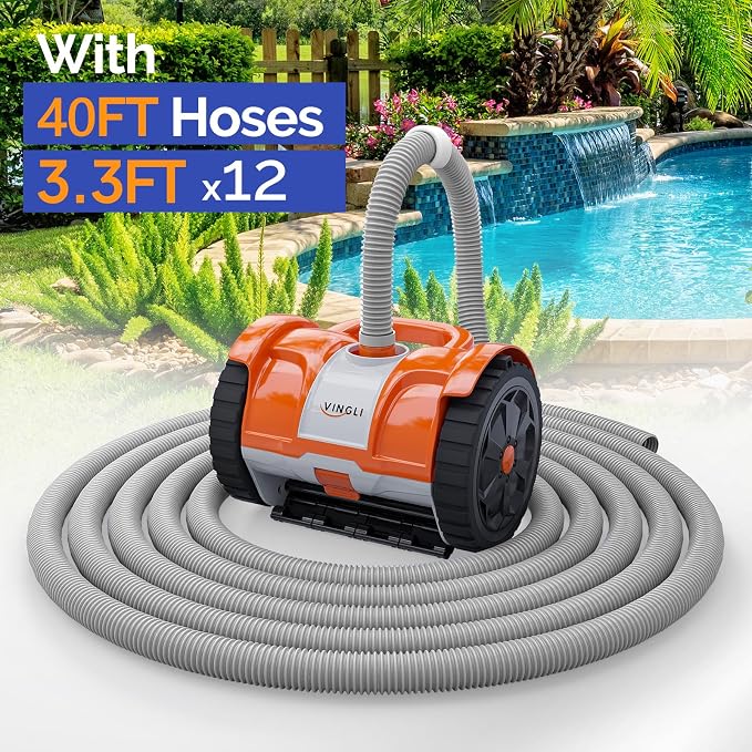 VINGLI Pool Vacuum Cleaner, Automatic Pool Sweeper for Ground&Inground Pools, Suction Side Wall-Climbing Sweeper with 39.6ft Tangle-Free Hose (Rich Orange&Gray)