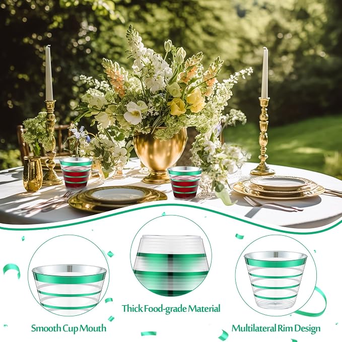 Gejoy 9 oz 100pcs St Patricks Day Rimmed Stripe Plastic Cups Bulk Disposable Wine Hard Plastic Drinking Cocktail Cups Tumblers for Wedding Gathering Party Supplies(dark Green
