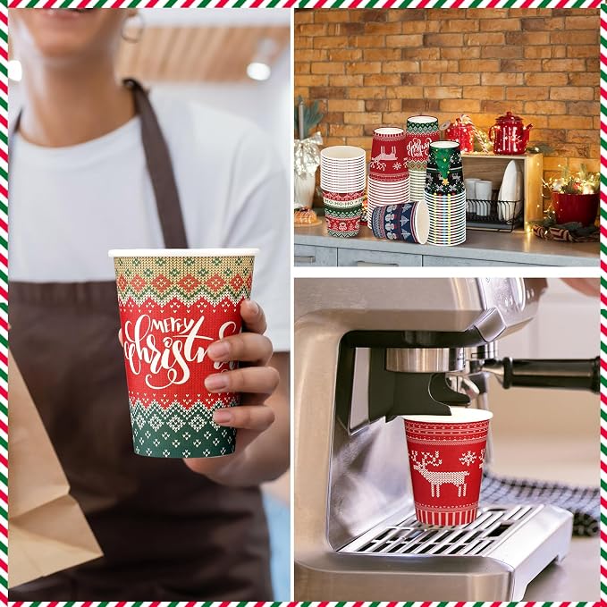 Gerrii 100 Set Christmas Paper Cups Disposable 12 oz with Lids Hot Chocolate Cups Coffee Cups Holiday Hot Cups for Hot and Cold Drinks Tea Water Bar Supplies Winter Season (Ugly Sweater Style)