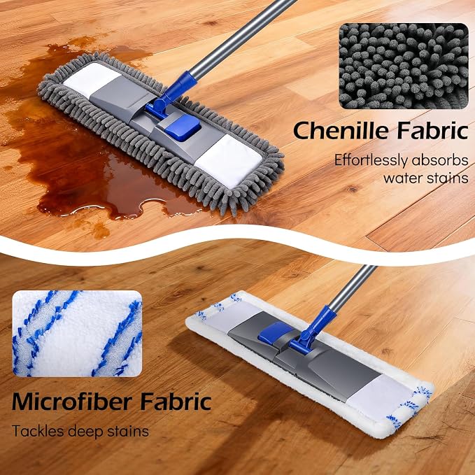 MASTERTOP Microfiber Mop for Floor Cleaning, Flat Dust Mop for Home and Kitchen, Adjustable Stainless Steel Handle with 2 Washable Pads&1 Cleaning Scrape for Hardwood, Vinyl