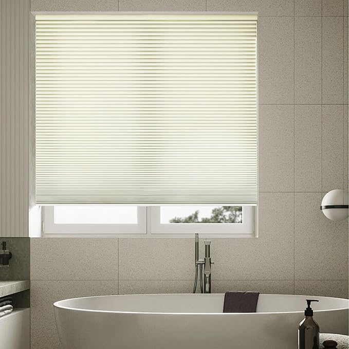 No Drill Cellular Shades, Cream Custom Size Cordless Light Filtering Pull Down Pleated Honeycomb Blind Thermal Insulated Easy Install for Indoor Window Bedroom Living Room Kitchen Door