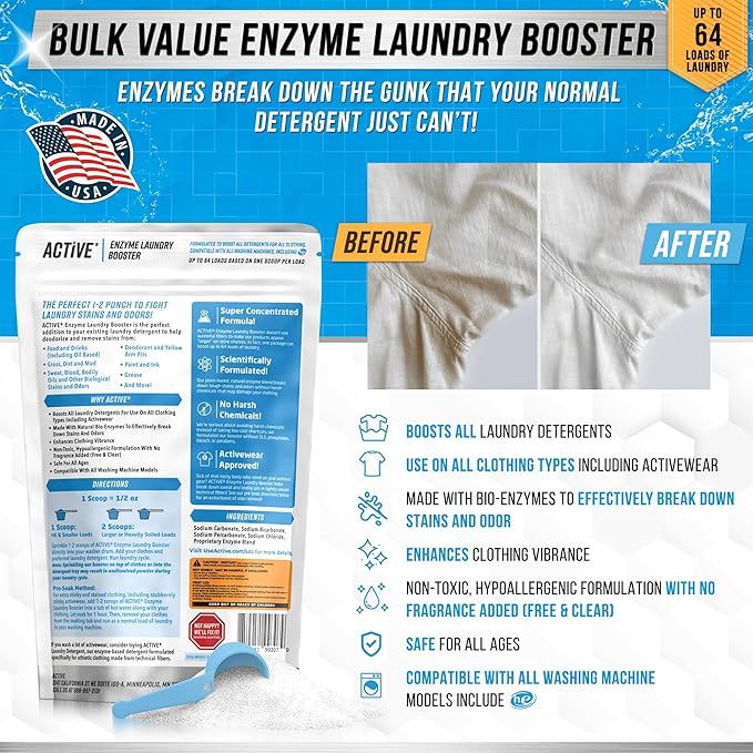 ACTIVE Enzyme Laundry Booster and Washing Machine Cleaner - Includes 2lbs Detergent Boosting Powder and 24ct Washing Machine Cleaning Tablets