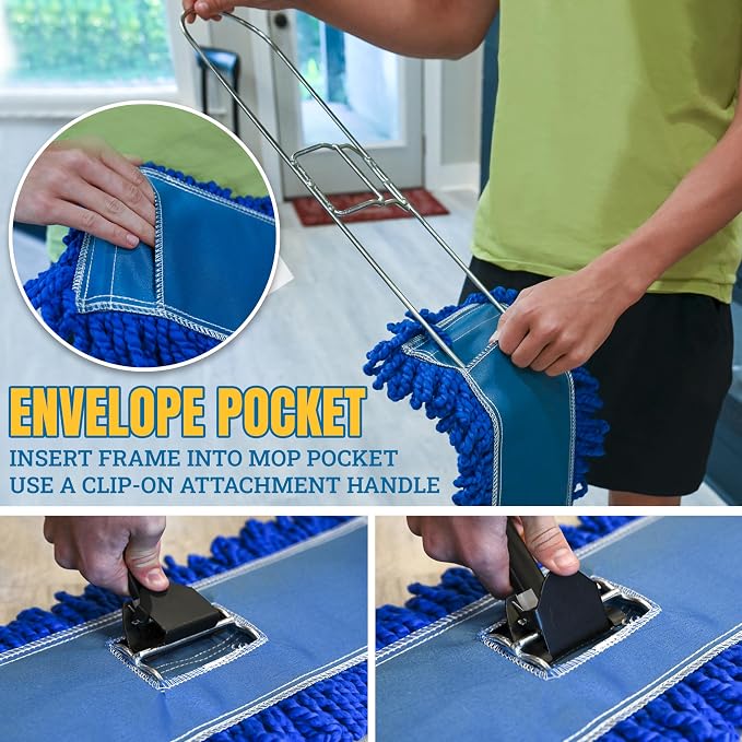 KLEEN HANDLER 36" Microfiber Dust Mop with Frame and 61" Extendable Clip-On Handle (2 Mop Heads, 1 Frame, 1 Handle), Commercial Dust Mop Kit for Floor Cleaning
