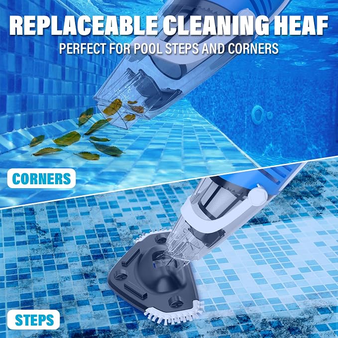 Cordless Pool Vacuum for Above Ground Pool, Handheld Rechargeable Pool Cleaner with Extension Pole, Suction up to 18.5 Gallons per Minute, 80 Mins Runtime, Ideal for Leaves & Debris for Inground Pools