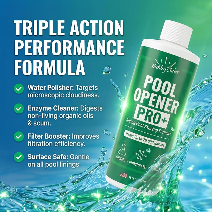 Pool Opening Chemical, 16 oz Treats Up to 20,000 Gallons, Pool Starter Kit for Above Ground & Inground Pools, Spring Start Up Clarifier Support, Chlorine or Salt Compatible – BubbyShine