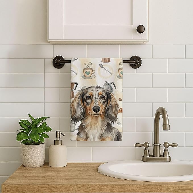 Caroline's Treasures Longhaired Dapple Dachshund Coffee Bar Kitchen Towel Velour Plush Front and Cotton Loop Back Machine Washable