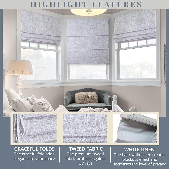 Chicology Cordless Roman Window Shade, Lexington Gainsboro, 47" W x 72" H | Cordless Child-Safe, Room Darkening UV, Inside/Outside Mount, True-to-Size No Cut, Rich Textured Fabric, Spot-Clean Care Only