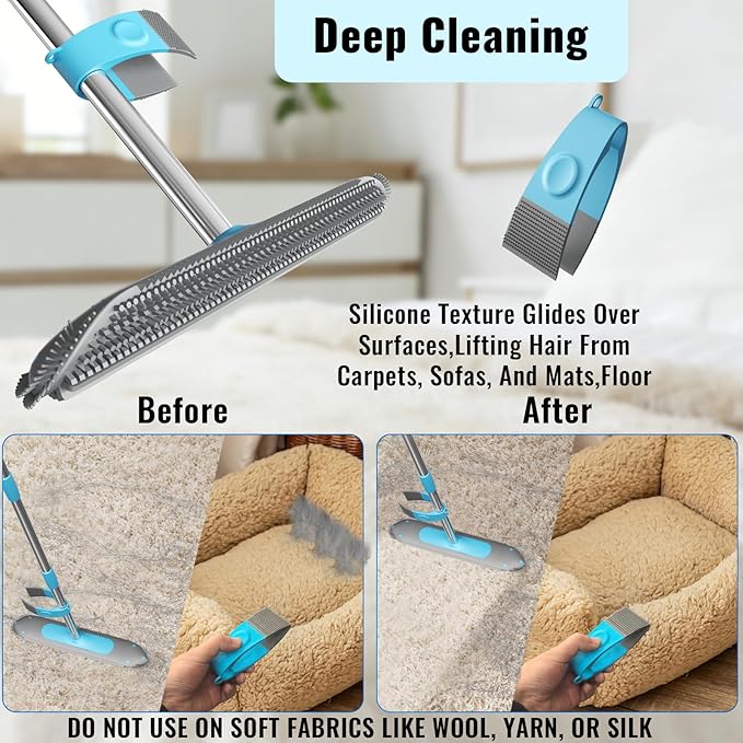 Carpet Rake for Pet Hair Removal Tool, 2 in 1 Carpet Scraper with 59" Adjustable Handle, Silicone Rug Rake for Dog & Cat Fur Hair, Pet Hair Remover for Rugs, Mats, Couch, Furniture, Floor