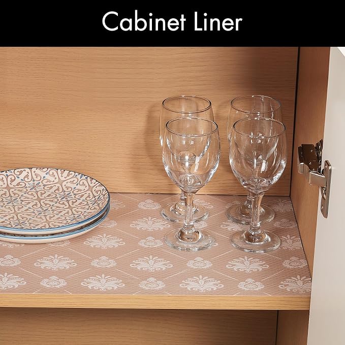 Cooyes Shelf and Drawer Liners for Kitchen Cabinets, Non-Adhesive Cabinet Liners, EVA Waterproof Durable Shelf Paper for Refrigerator, Shelves, Cupboard with European Pattern, Easy to Cut