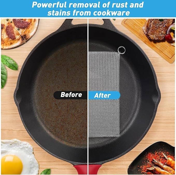 Cast Iron Cleaner and Chainmail Skillet Scrubber - 10''x10'' Upgraded 3.8mm Small Ring, 316L Stainless Steel Fine Rings - Durable Scraper for Skillets, Pans, Griddles & Containers