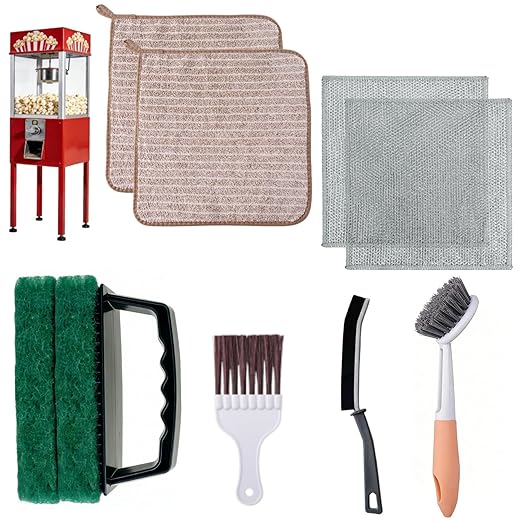 Popcorn Machine Cleaning Kit, 10-Piece for Grease Removal Cleans Poppers, Toasters, Air Fryers, Ovens & Coffee Makers;Long & Crevice Brushes Reach Tight Spots; Compact Base Saves Space;Home & Commerci