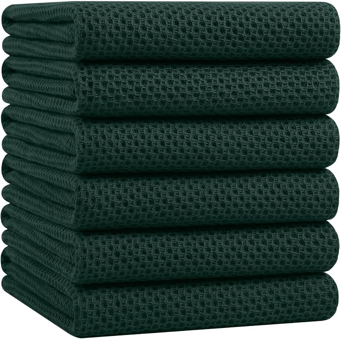 Homaxy 100% Cotton Oversized Waffle Weave Kitchen Dish Towels, Ultra Soft Absorbent Quick Drying Cleaning Towel, 20x28 Inches, 6-Pack, Blackish Green