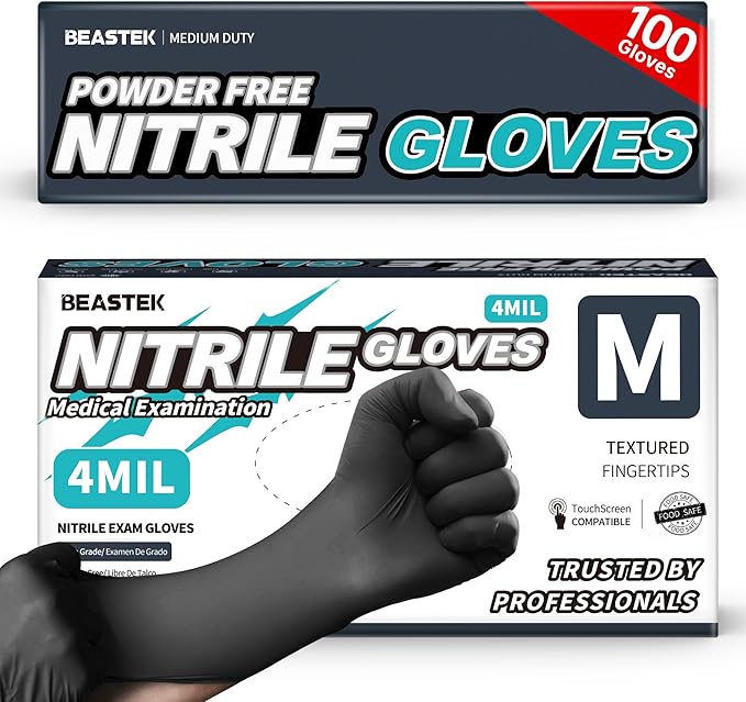 Beastek Black Disposable Nitrile Exam Gloves 100 Pcs 4Mil Chemical Resistant Powder-Free Latex-Free Food Safe Medical Cooking