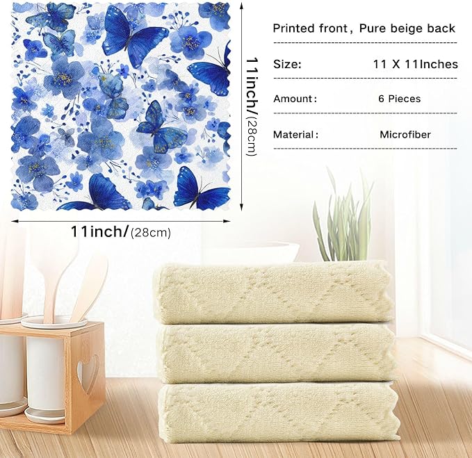 Watercolor Blue Butterfly Kitchen Towels Dish Cloths Set of 6 Microfiber Cleaning Cloths for Cars Super Absorbent Machine