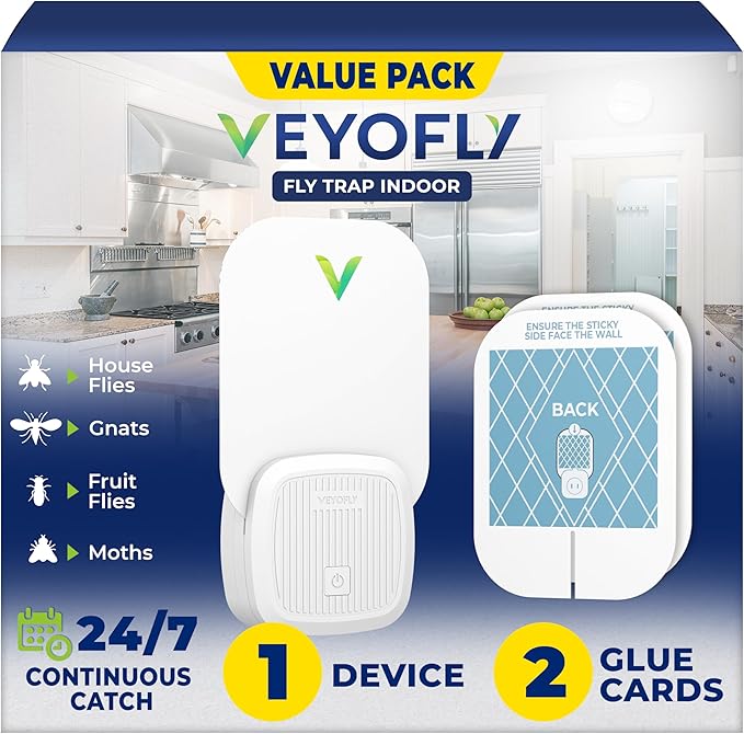 VEYOFLY Fly Trap Indoor, Fruit Fly Traps for Indoors, (1 Device + 2 Refills) Gnat Traps for House Indoor, Fly Catcher Indoor, Plug in Light Flying Insect Trap, Bug Light Killer, Fly Trap