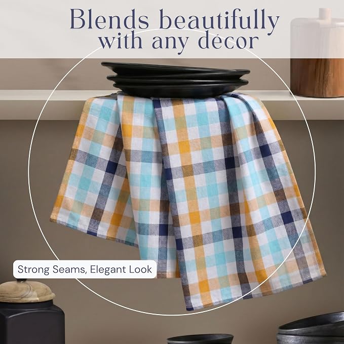 Check Dish Towels 4 Pack, 18"x26", Absorbent Hand Towels for Kitchen Use, Quick Dry Cloths, Durable Washable Rags, Reusable Dishcloth Set - Indigo Blue, Mustard Yellow, Aqua Blue