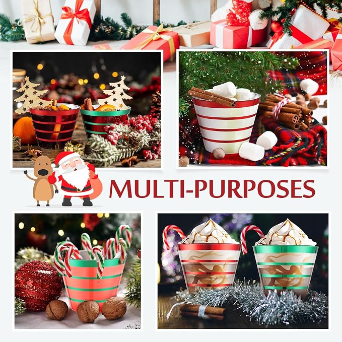 Gejoy 9 oz 100pcs Christmas Rimmed Stripe Plastic Cups Bulk Disposable Wine Hard Plastic Drinking Cocktail Cups Tumblers for Wedding Gathering Party Supplies(Red and Green)